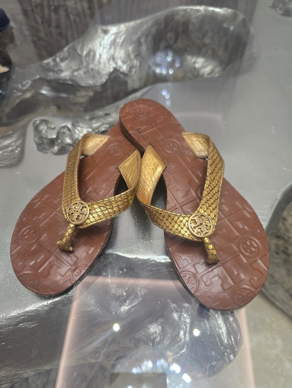 Tory Burch Gold Braided Flip Flop Sandals with Brown Footbed